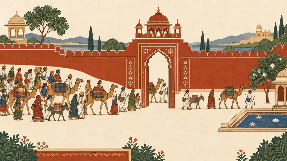 Travellers and camels queue at a narrow gateway, then continue with more space between them.