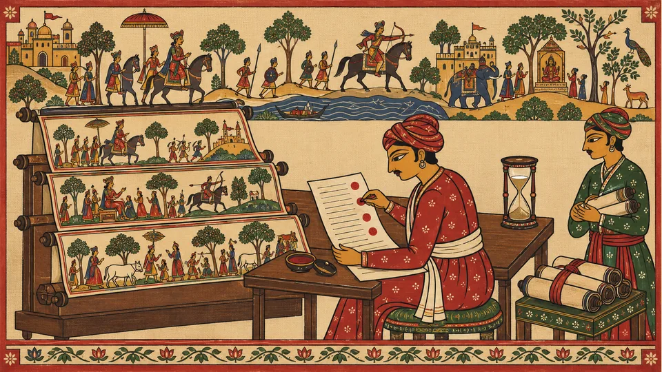 A reviewer checks an answer against source scrolls beside a sand timer.