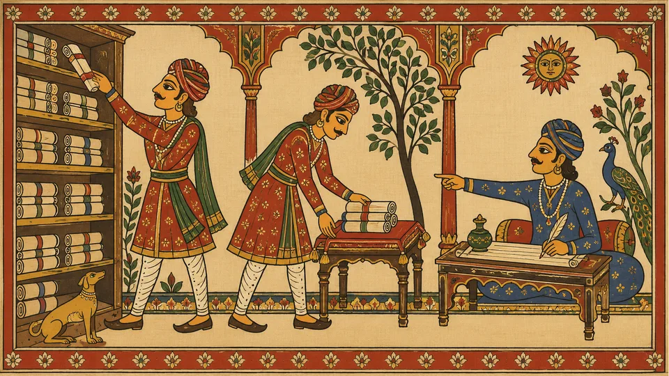 An investigator selects scrolls for a scribe who checks the evidence before writing.