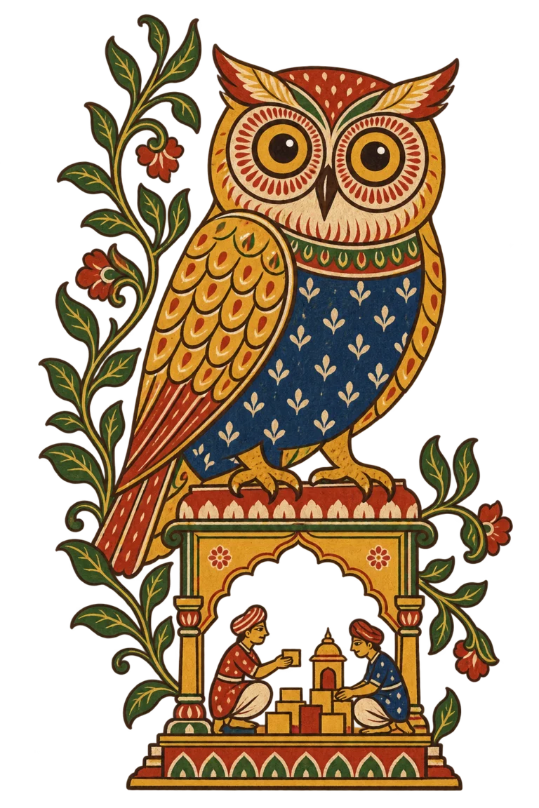 A painted owl above an arch and leafy vines, with two artisans arranging blocks below.